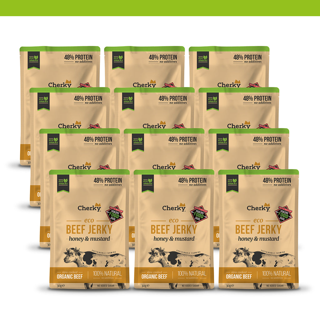 PACK 12 · ECO · beef jerky · MIEL Y MOSTAZA