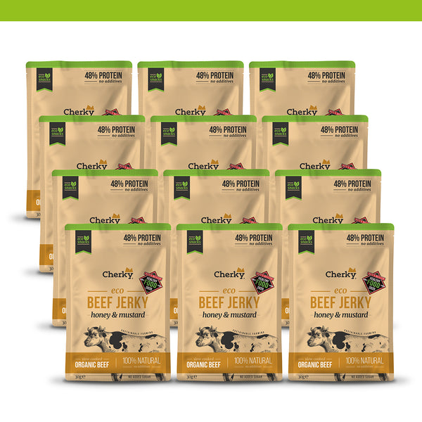 PACK 12 · ECO · beef jerky · MIEL Y MOSTAZA