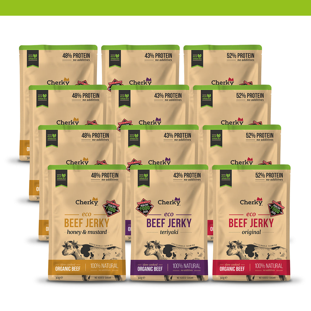Pack 12 · ECO · beef jerky · SELECCIÓN (3x4)