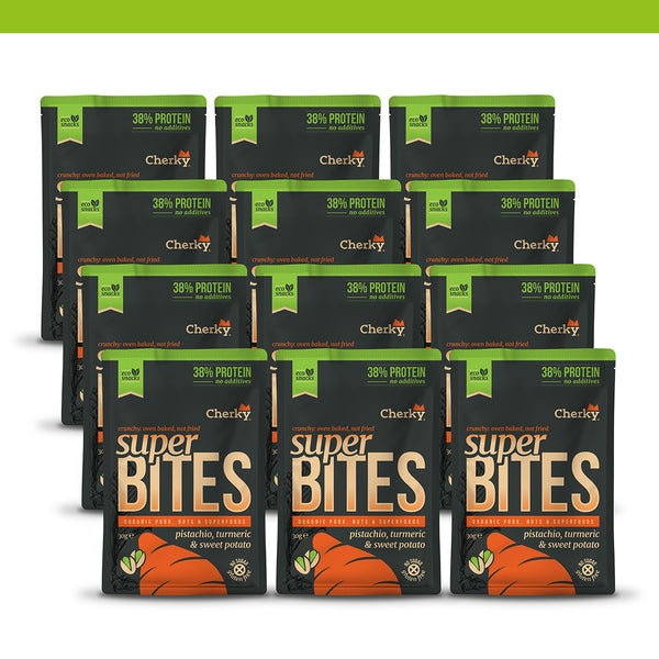PACK 12 · ECO · superbites · CERDO, PISTACHO, BONIATO Y CÚRCUMA